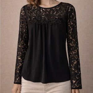 J.Crew Black Lace Long Sleeve Blouse XXS – Elegant Sheer Yoke Holiday Party Top